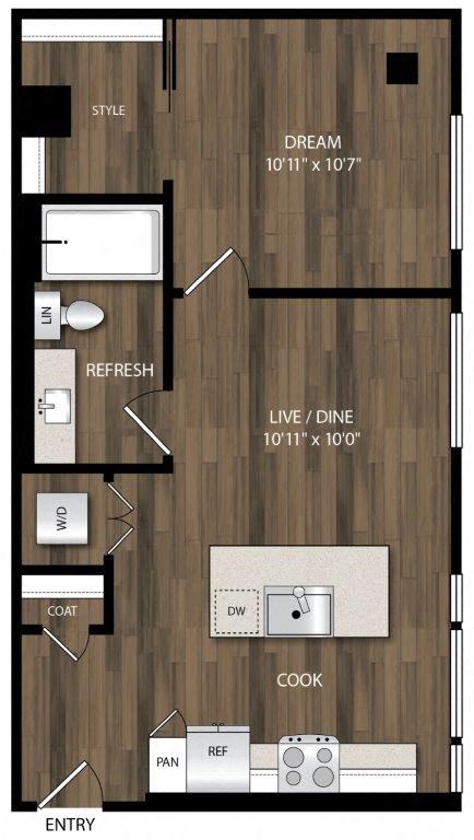 Floor plan for 1 bed, 1 bath, 617 sqft